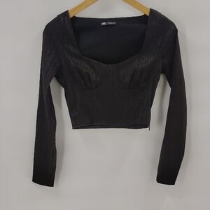 Zara Black Crop Top Size Small Long Sleeve Zip Side With Cups